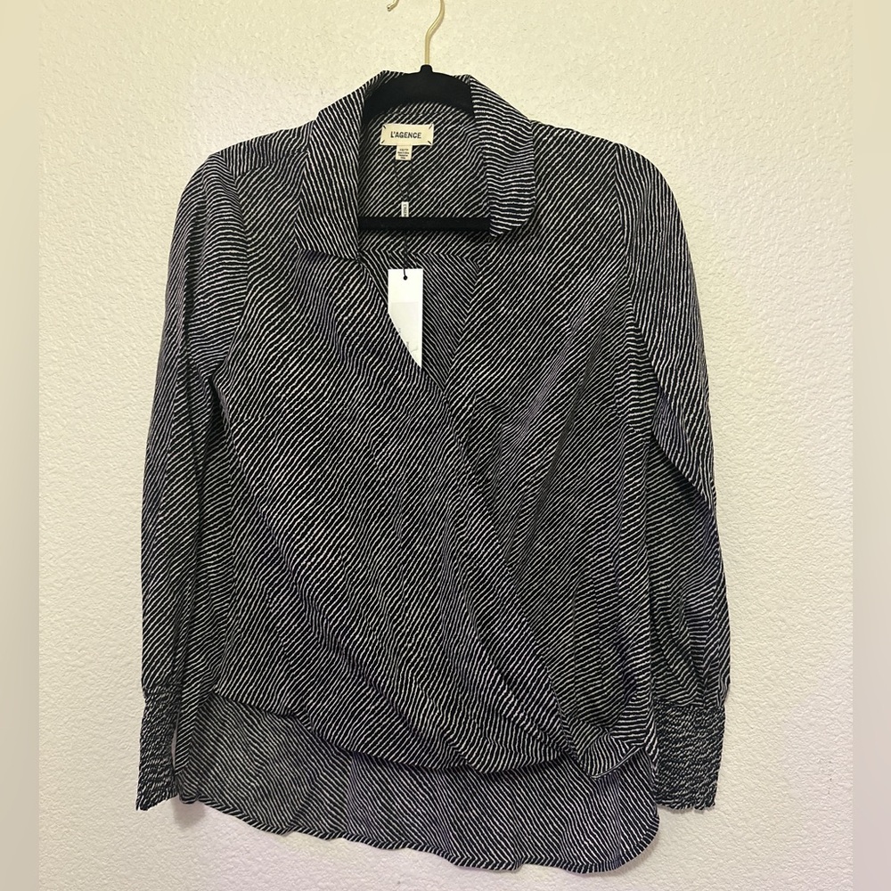 L'AGENCE Kyla Silk Black Stripe Cross Front Smock Long Sleeve Blouse XS